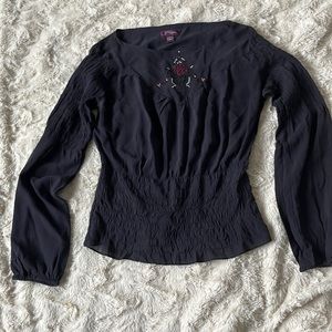 Filippa Black Shoulder/ Waist Smocked Front Embroidered Long Sleeve Silk Top 6